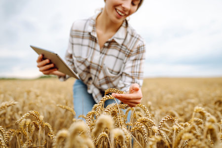 A young female agronomist with a modern tablet checks the quality. Gardening concept, harvesting.