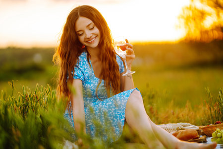 Young woman sits on a plaid with a book. Summer picnic in nature. Healthy food.の写真素材