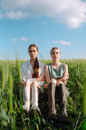 Two Beautiful woman in the green field. Nature, vacation, relax and lifestyle. Summer landscape.の写真素材
