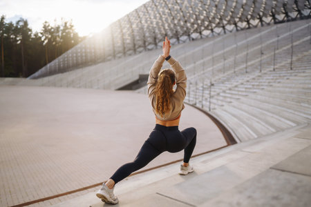 Young woman in sports outfit doing exercises outdoors in the morning. Concept of sports, yoga or fitnessの写真素材