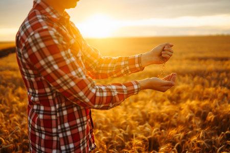 Farmers hands pour grain into field from hand to hand. Agriculture, gardening or ecology concept.の写真素材