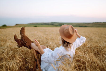 Young woman in white linen dress and hat enjoying a sunny day in a golden wheat field. Summer, beauty.の写真素材