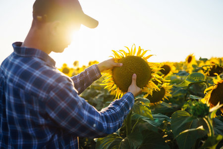Farmer examining crop in the sunflower field. Harvesting, organic farming conceptの写真素材
