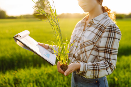 Woman agronomist in field of milled wheat with tablet checks growth of crop. Harvest concept.の写真素材