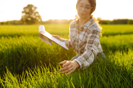 Woman agronomist in field of milled wheat with tablet checks growth of crop. Harvest concept.