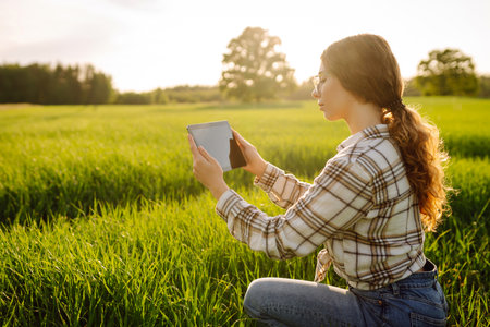 A woman farmer with modern tablet evaluates the shoots with her hand. Farm work with digital tablet.の写真素材