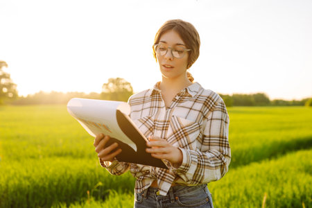 Woman agronomist in field of milled wheat with tablet checks growth of crop. Harvest concept.の写真素材