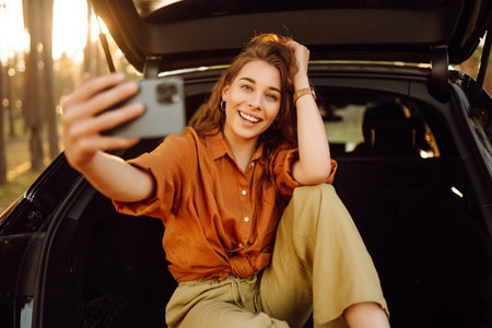 Stylish woman takes selfie, communicates via video call from smartphone in trunk of a car at sunset.の写真素材