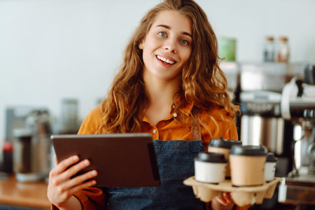 Handsome manager of coffee shop with curly hair tablet in hands gives takeaway coffee in coffee shopの写真素材