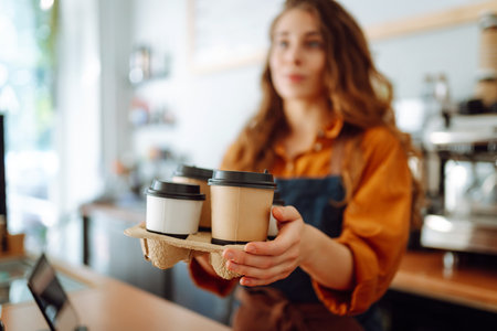 Cheerful woman in an apron at the bar counter holds coffee glasses in a cafe. Takeaway food concept.の写真素材