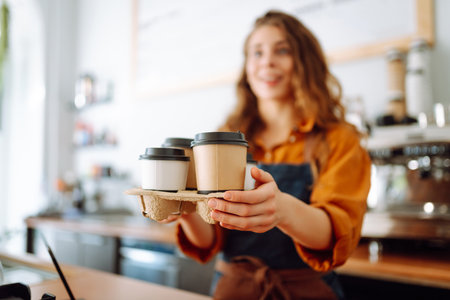 Cheerful woman in an apron at the bar counter holds coffee glasses in a cafe. Takeaway food concept.の写真素材