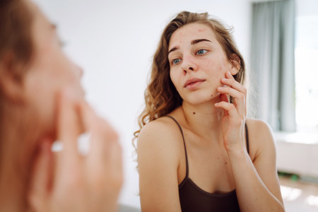 Portrait of a young woman touching pimple on her face while looking in mirror. Facial skin problems.の写真素材