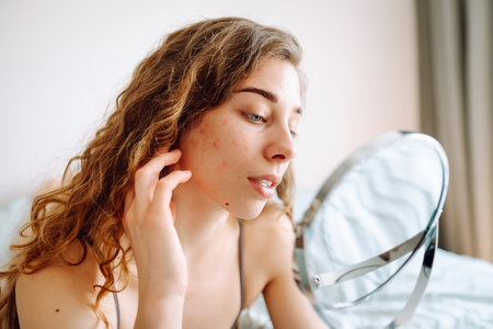 Close-up of a cute woman with problem skin looking in the mirror. Dermatology concept, allergy.の写真素材