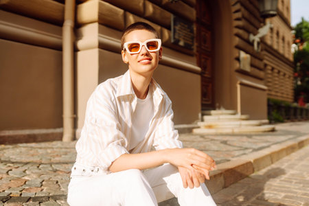 Hipster fashion woman in stylish glasses sits on a curb in the street in Europe.の写真素材