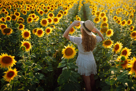 Sunny beautiful photo of happy woman, enjoying warm weather, walking in blooming sunflower field.の写真素材