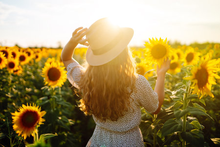 Sunny beautiful photo of happy woman, enjoying warm weather, walking in blooming sunflower field.の写真素材