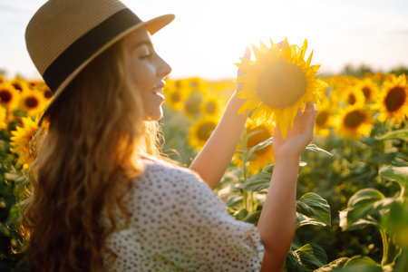 Sunny beautiful photo of happy woman, enjoying warm weather, walking in blooming sunflower field.の写真素材