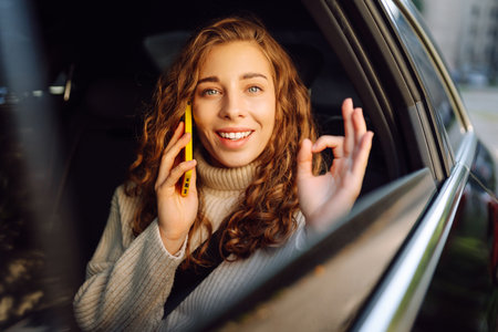 Positive young woman in casual clothes sits in the back seat of a car with a mobile phone.の写真素材