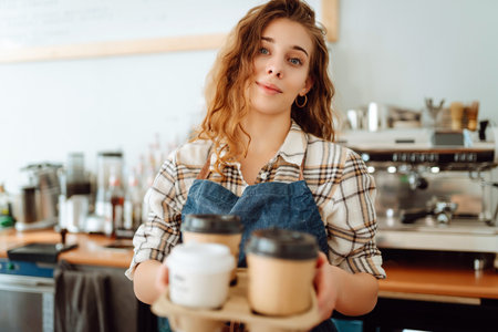 Portrait of beautiful young barista woman serving coffee with a big smile. Small business owner.の写真素材