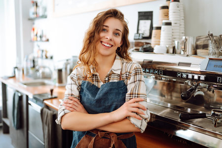 Portrait of a beautiful barista girl in an apron in a modern cafe bar. Business concept.の写真素材