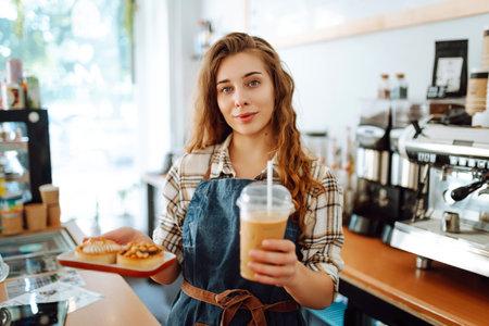 A young woman in an apron behind the bar holds to-go coffee and desserts for ordering.の写真素材