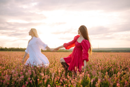 Two Beautiful woman in a field. Nature, fashion, vacation and lifestyle.の写真素材