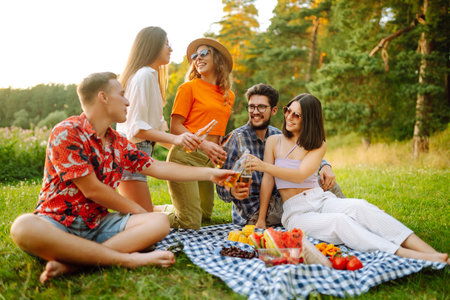 Stylish friends enjoy sunny day on beautiful green meadow. Vacation, friendship or holiday concept.の写真素材