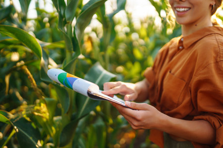 Farmer- woman standing in corn field examining crop. Harvest care concept.