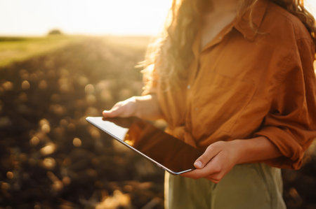 A woman agronomist checks the harvest. Smart farmer concept. A bountiful harvest