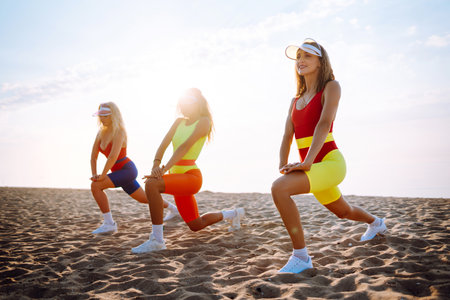 Smiling dancers in colorful swimsuits are dancing on beach ?concept of sports, aerobics. Active...