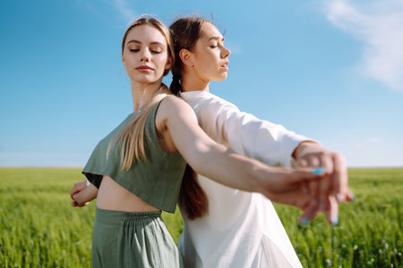 Two Beautiful woman in the green field. Nature, vacation, relax and lifestyle. Summer landscape.の写真素材