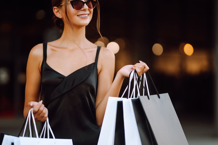 Shopping bags in the hands. Fashion woman with packages after shopping. Black friday, sale.の写真素材