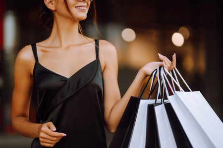 Shopping bags in the hands. Fashion woman with packages after shopping. Black friday, sale.の写真素材