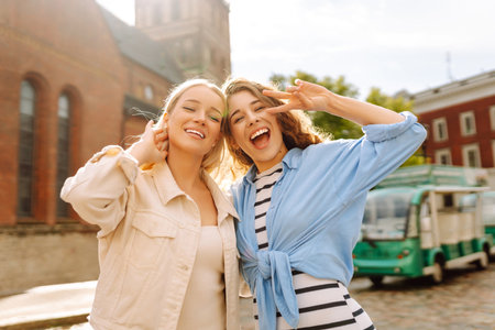 Smiling girlfriends are having fun on a sunny day on the streets of the city. Active lifestyle.の写真素材