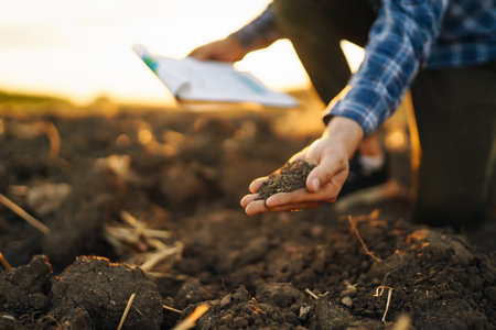 Hand of farmer collect soil, checking soil health before growth seed of vegetable Harvesting conceptの写真素材