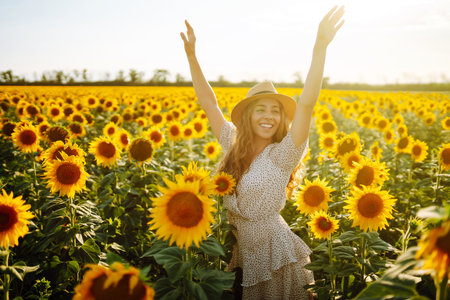 Beautiful woman strolling through field with sunflowers. Fashion, lifestyle, vacations concept.の写真素材