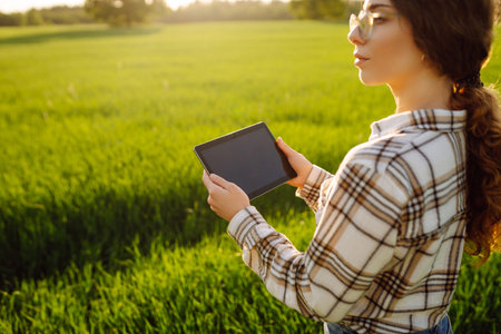A woman farmer with modern tablet evaluates the shoots with her hand. Farm work with digital tablet.の写真素材