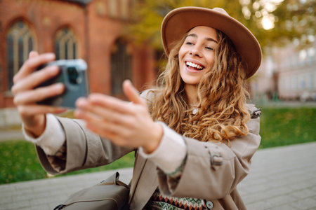 Stylish woman in a raincoat and hat takes a selfie outdoors in autumn on the streets of the city.の写真素材