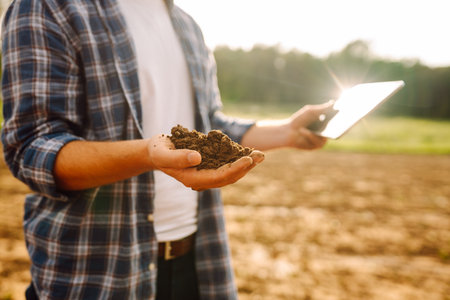 Gardening or ecology concept. Farmer's hands collects soil and checks its health before growing cropの写真素材