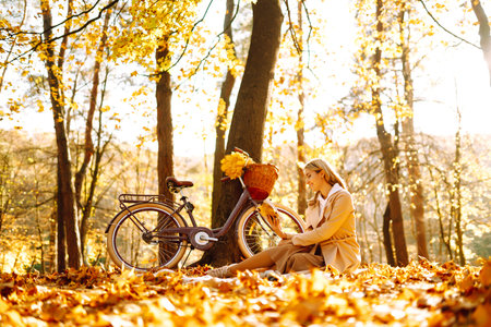 Beautiful young woman sitting on a fallen autumn leaves in a park, reading a book. Relaxation.の写真素材
