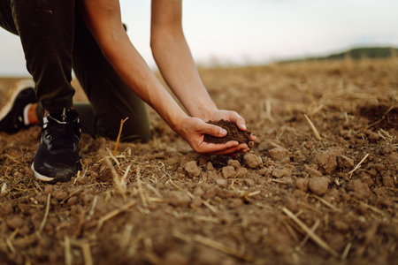 A young woman farmer holds black soil in hand on an agricultural field. Fertility concept, scaling.の写真素材