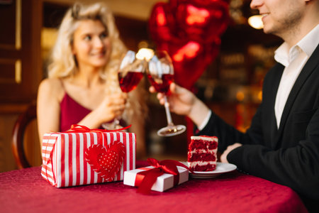 Surprise for Valentine's day. Young couple celebrating Valentine's Day with glass of red wine.の写真素材