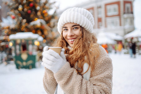 A young woman drinks a hot drink at a Christmas market decorated with festive lights in the evening.