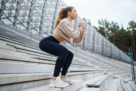 Active lifestyle. Young fitness woman exercising and stretching outdoors. Sports, sports training.の写真素材