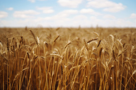 Golden spikelets of wheat in the field at sunset. Agricultural concept. Harvest nature growth.の写真素材