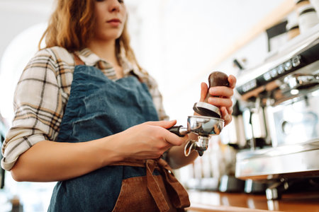 Woman bartender prepares a drink using a coffee machine in a cafe. Takeaway food.の写真素材
