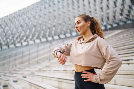 Young woman in sportswear is training outdoors. Sports concept, healthy body.の写真素材