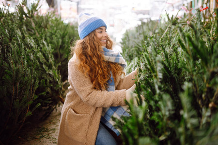 Person selecting a tree at a Christmas market. Holiday shopping concept.の写真素材