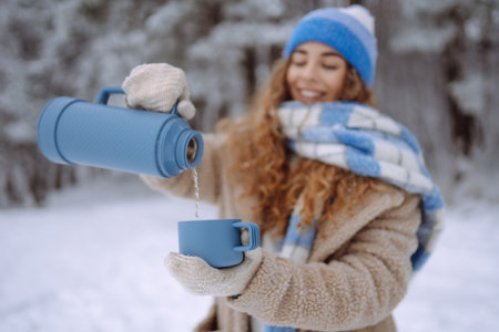 Person with a thermos in a snowy forest enjoying nature. Adventure concept. Lifestyle.の写真素材