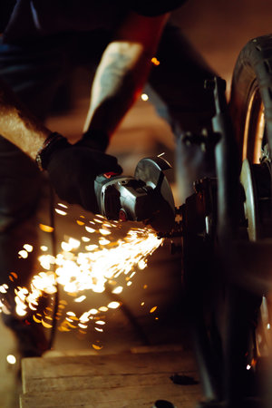 Motorcycle repair. Disassembled motorcycle. Fixing motorcycle standing in repair shop.
